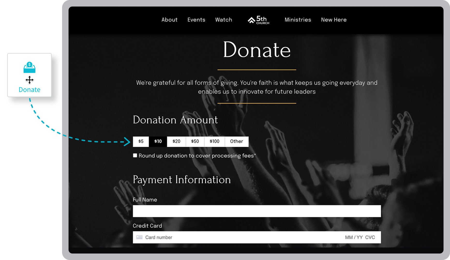 Donate or donation widget example on desktop screen