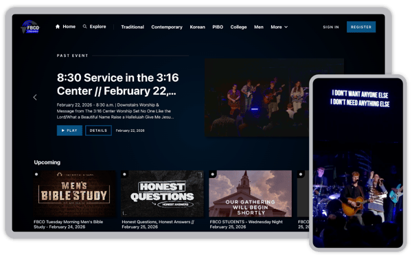 Screenshots of First Baptist Opelika's OTT Apps and live stream