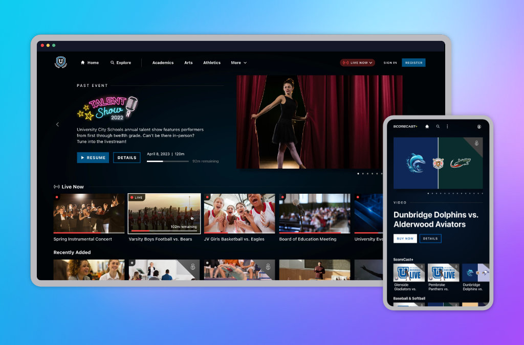 Custom-branded, video-on-demand streaming app desktop and mobile interface