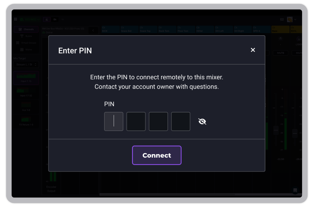 Entering a PIN to protect your mixer connection with Mixing Station Web