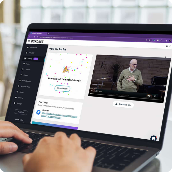 Desktop view of a person using the BoxCast Sharing tool