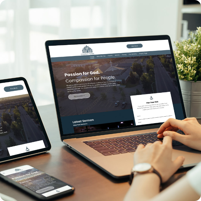 Woman looking at her church's website on desktop, tablet, and mobile