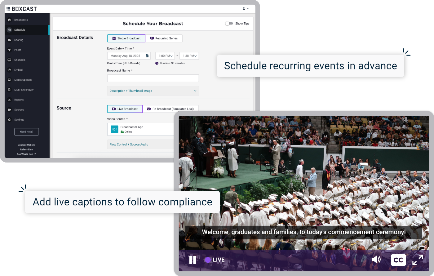 Screenshots showing scheduling a broadcast in BoxCast Streaming and live captions on an education live stream