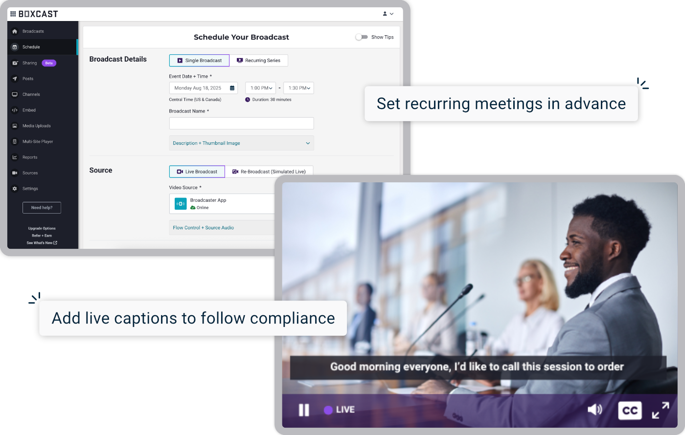 Screenshots showing scheduling a broadcast in BoxCast Streaming and live captions on a government live stream