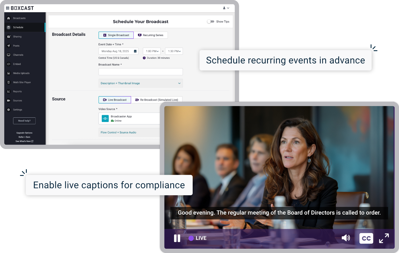 Screenshots showing scheduling a broadcast in BoxCast Streaming and live captions on a special district live stream
