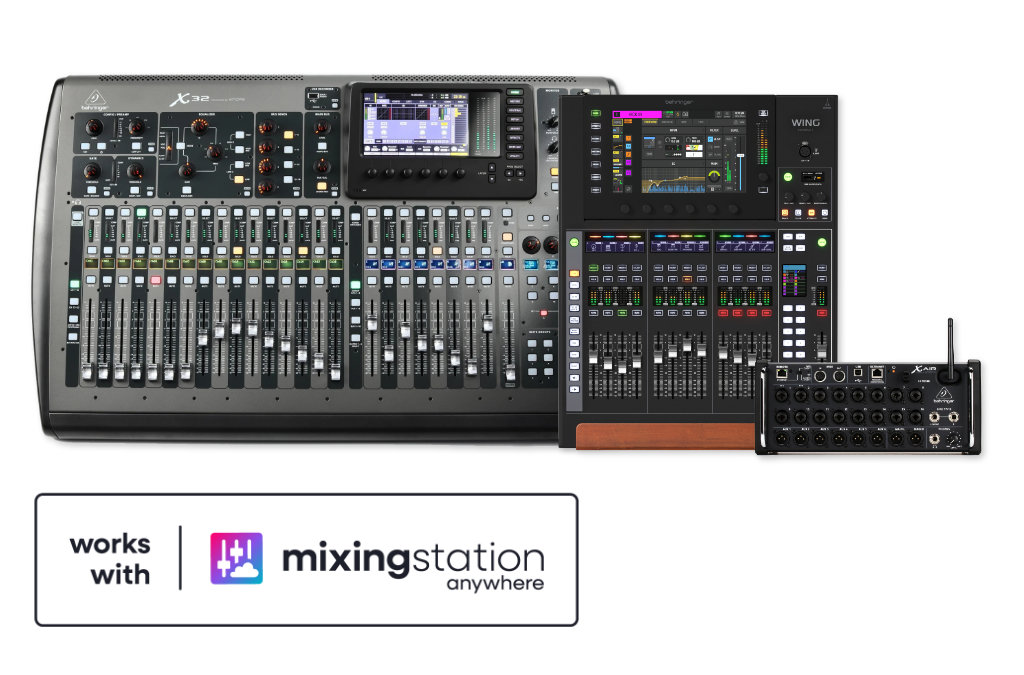 Behringer digital mixers and the Works with Mixing Station Anywhere badge