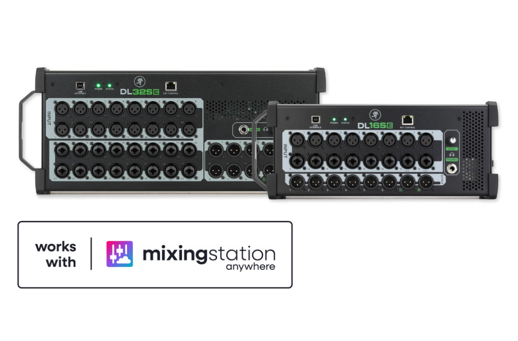 Mackie digital mixers and Works with Mixing Station Anywhere badge