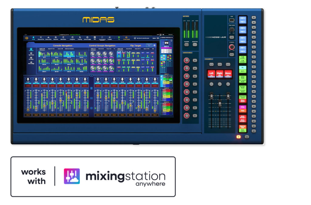 Midas HD96 mixer and the Works with Mixing Station Anywhere badge