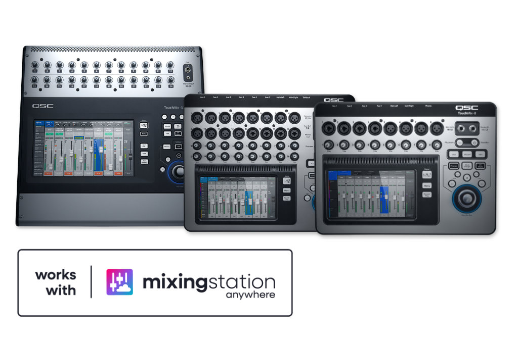 QSC digital mixers and the Works with Mixing Station Anywhere badge