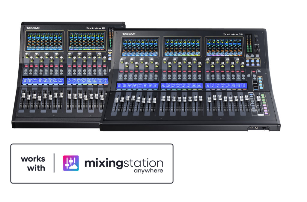 TASCAM digital mixers and the Works with Mixing Station Anywhere badge