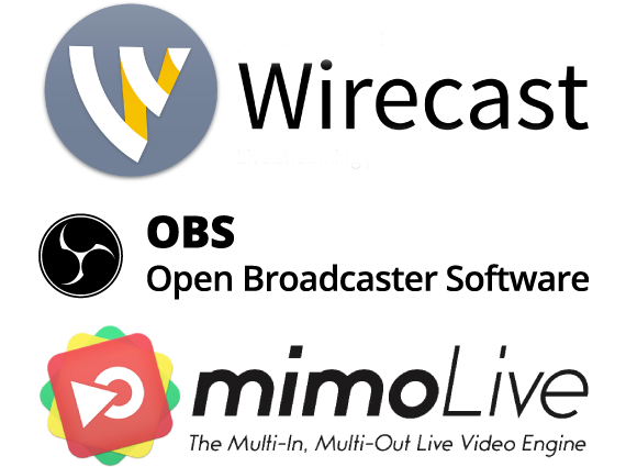 Wirecast, OBS, and mimoLive logos