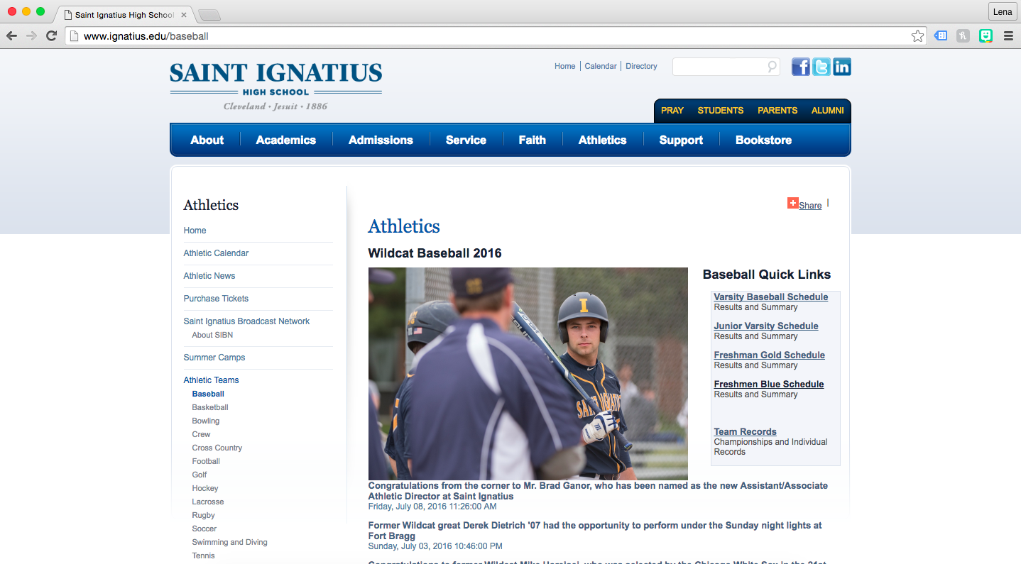 Website UI for a sports team
