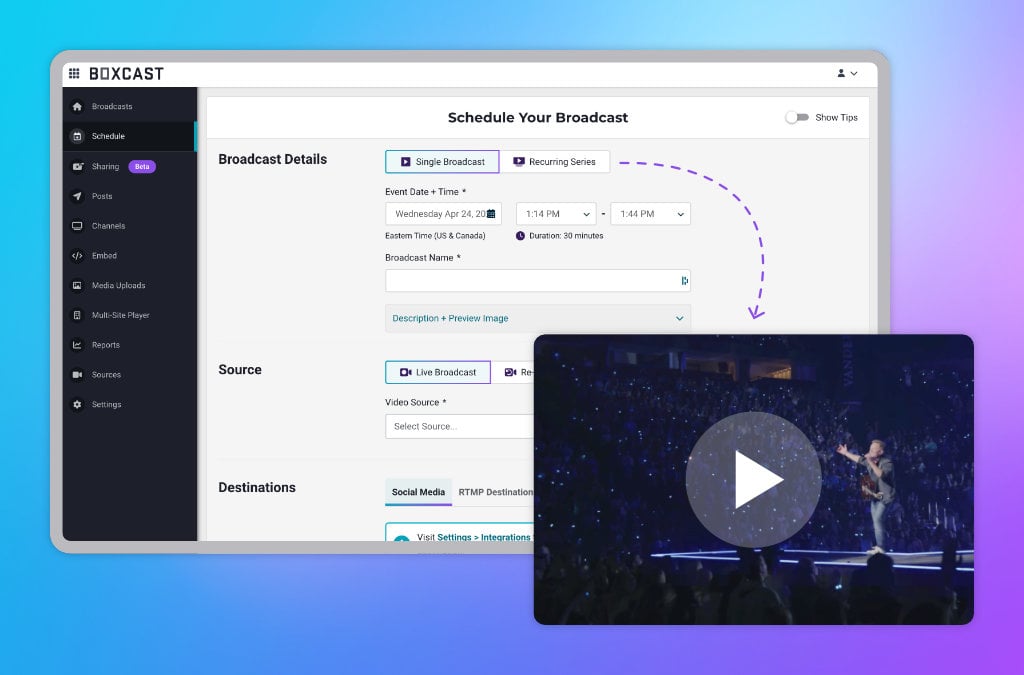 Streaming interface of scheduling a broadcast